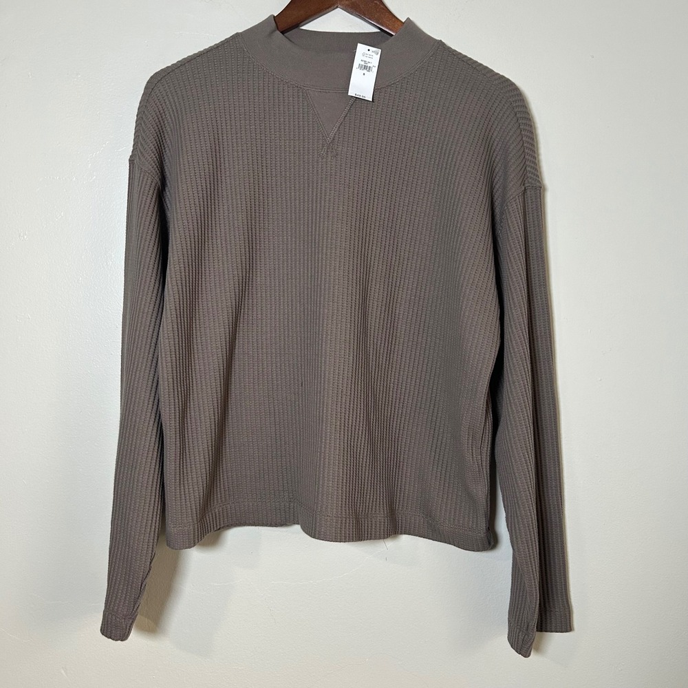 NWT GAP Top Waffle Knit Mock Neck Size S Taupe Long Sleeve Thermal Relaxed